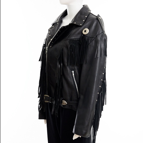 Black leather fringed jacket / XL - Picture 3 of 10